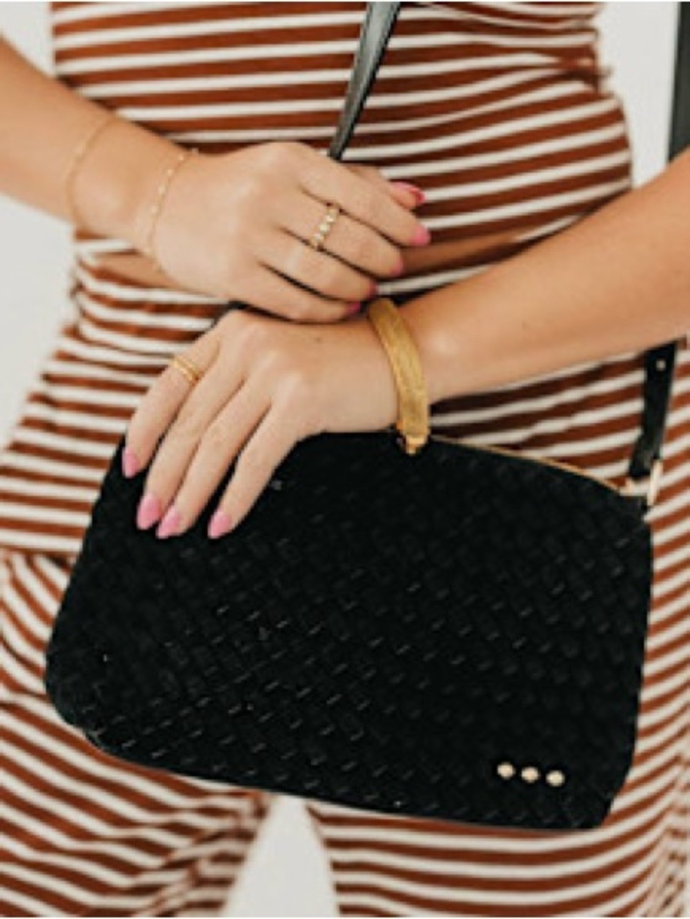 Black Woven Crossbody Bag with Tan Strap